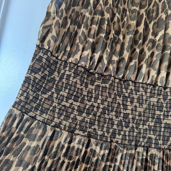 NWT A.L.C. Renzo Pleated Midi Dress Metallic Gold Sz 12 Leopard Print Mock Neck - Picture 7 of 9